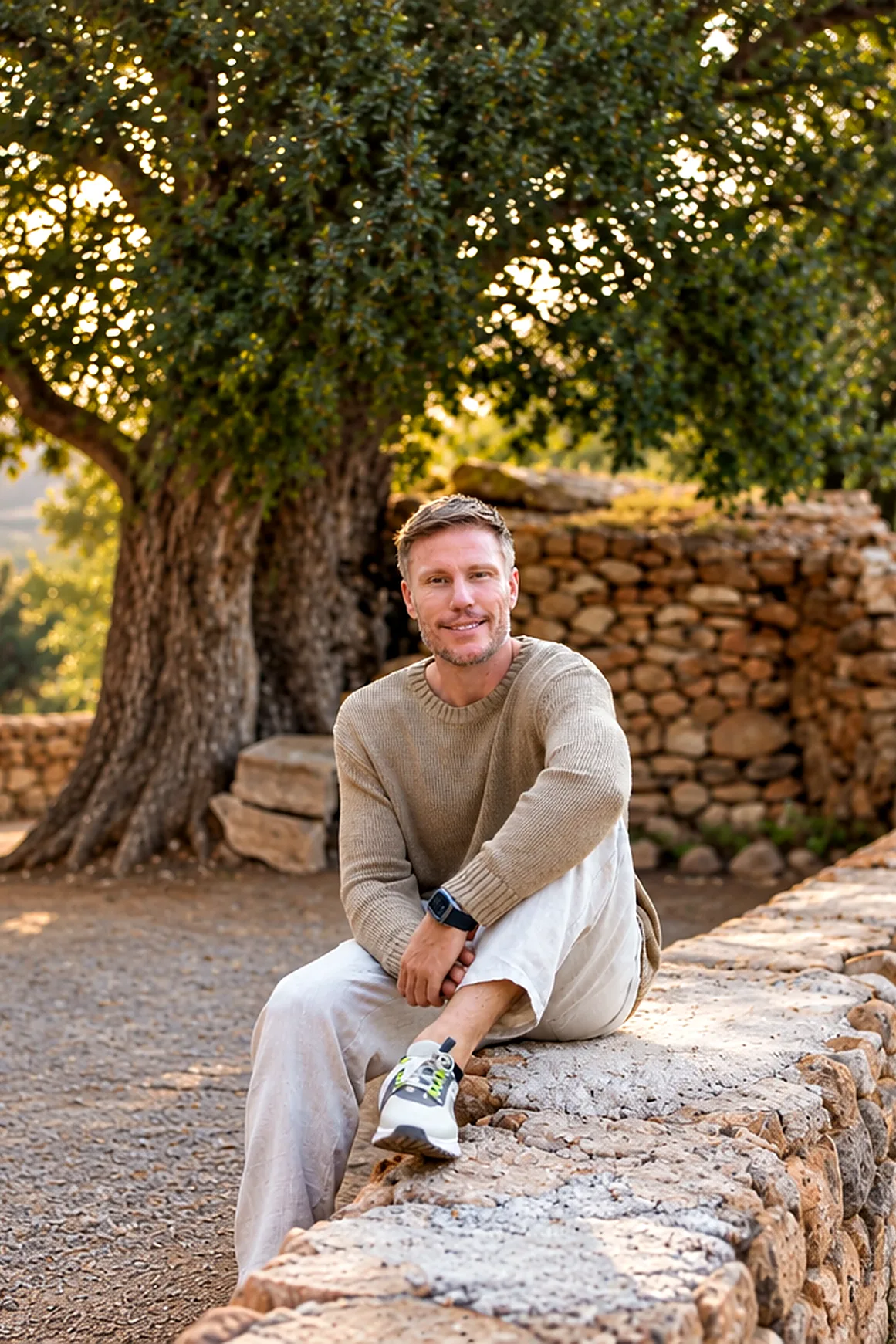 Christian Lell sitzt lächelnd auf einer Natursteinmauer unter einem Olivenbaum